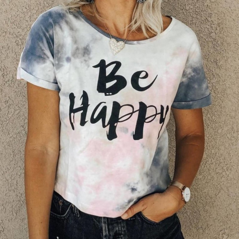 “BE HAPPY” PINK WHITE GRAY TIE-DYE GRAPHIC TEE MEDIUM